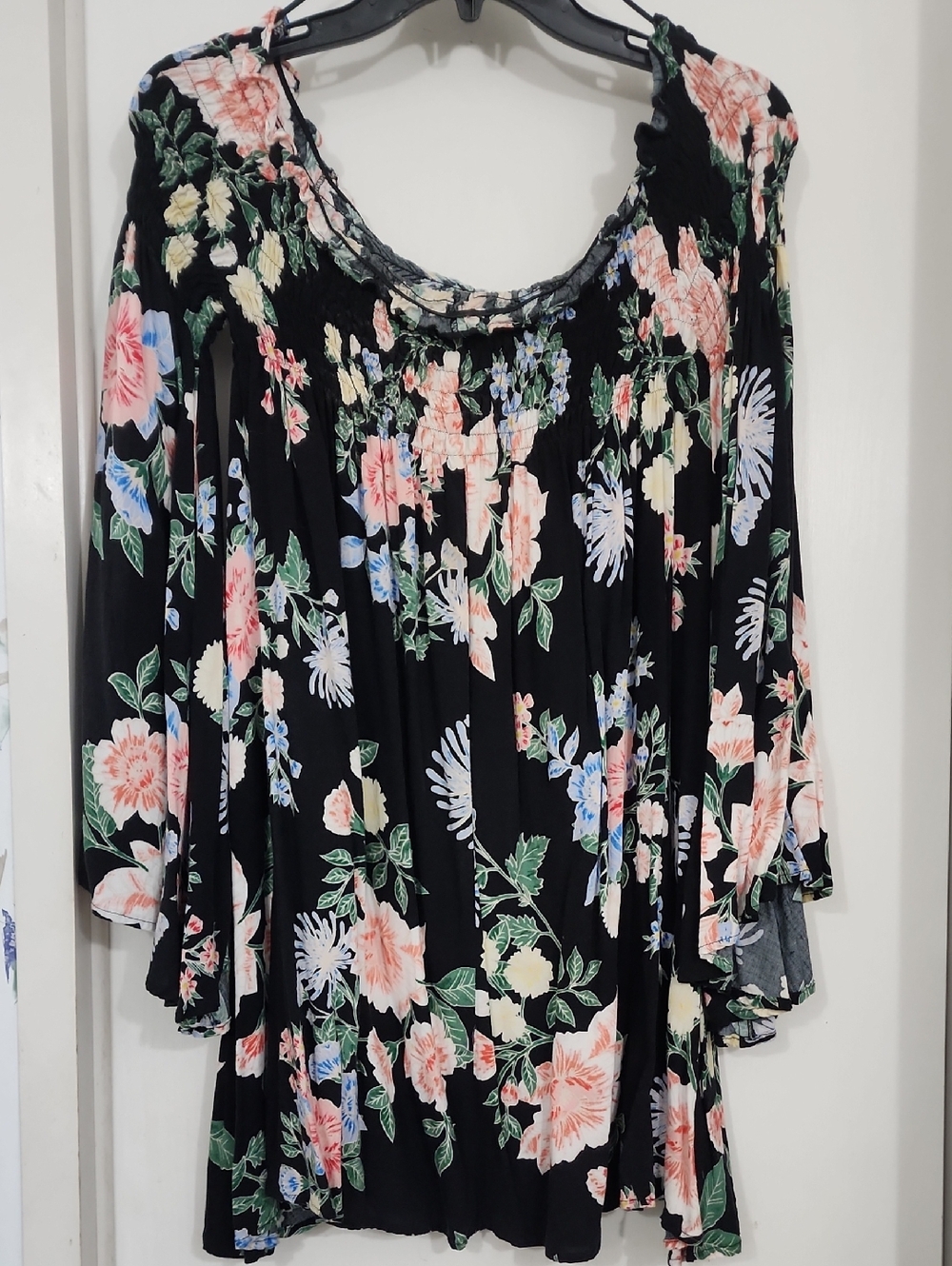 FAVLUX Black Floral Peasant Tunic with Pink & Green Print